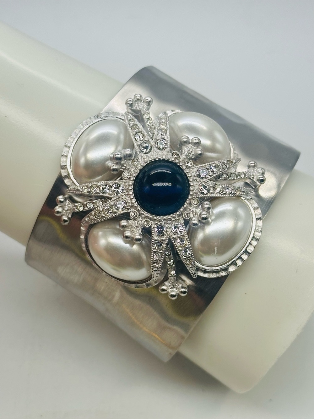 Vintage St John Cuff Bracelet Silver Tone Hinge Bangle Pearl Rhinestone 80s